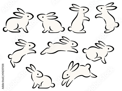 手描き風の筆調の色々なポーズの白いうさぎのイラストセット