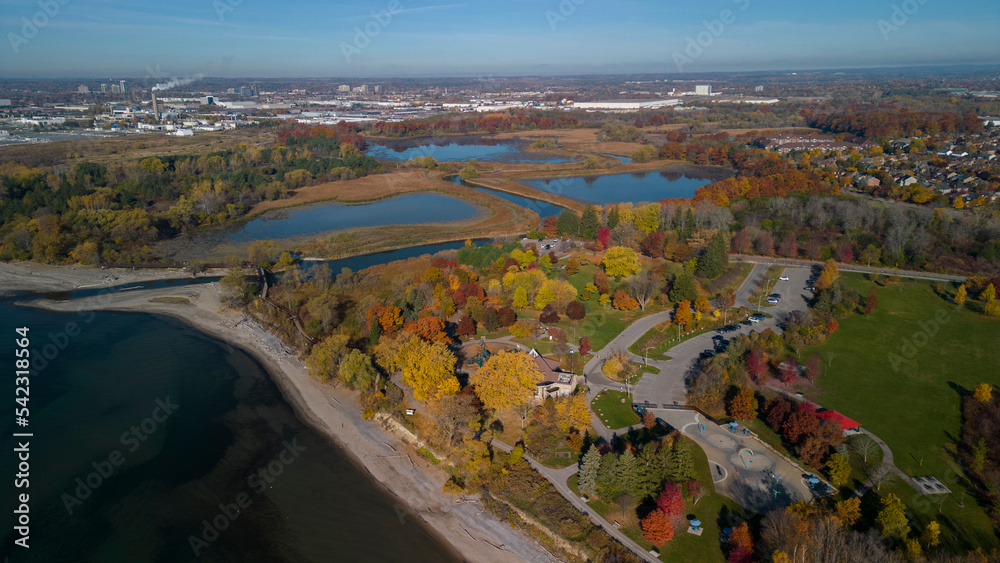 Aerial high angle view of the waterfront near Rotary Park in Ajax Ontario