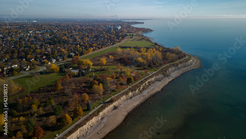 Aerial high angle view of the waterfront trail near Rotary Park in Ajax Ontario photo