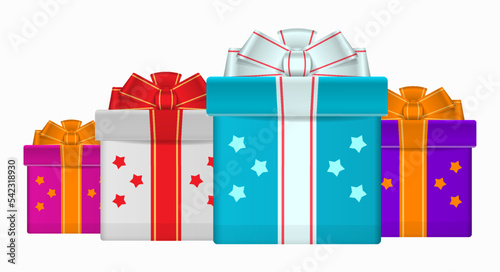 Gift boxes with bows. Merry Christmas and happy New Year 2023 background. Christmas greeting card template. 3D vector illustration.
