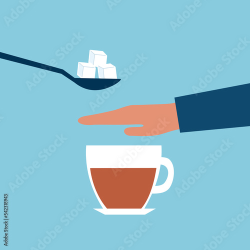 Hand cover coffee cup to refuse sweet in flat design. Sugar free.