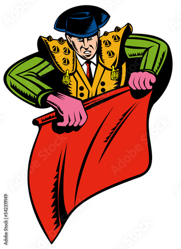 Illustration of a matador bullfighter with cape done in retro style. photo