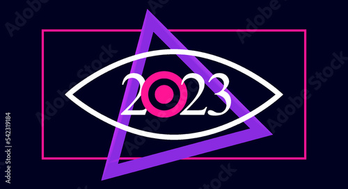 Masonic sign, mysticism, all-seeing eye. Merry Christmas and happy New Year 2023 background. Christmas greeting card template. Vector illustration.