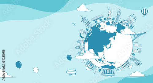 Travel, vacation, sightseeing banner vector illustration  ( world famous buildings / world heritage )