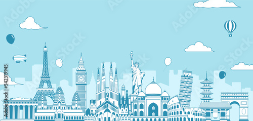 Travel, vacation, sightseeing banner vector illustration ( world famous buildings / world heritage )