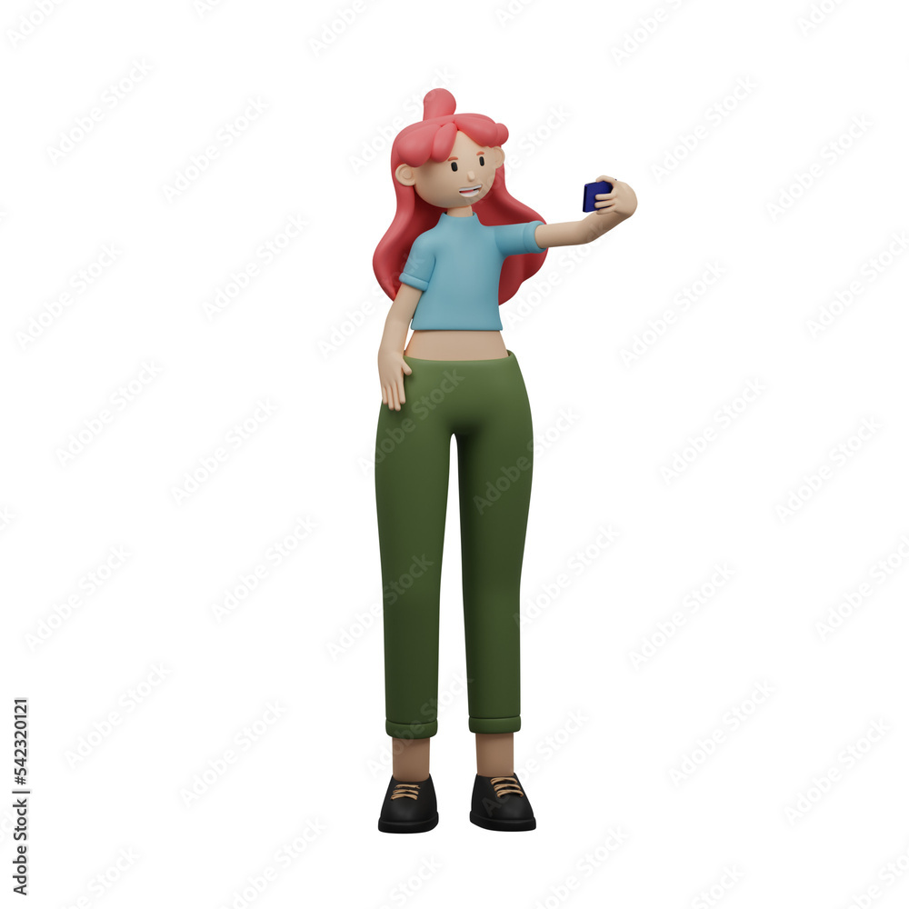 character 3d illustrastion cartoon pose of a woman taking a selfie