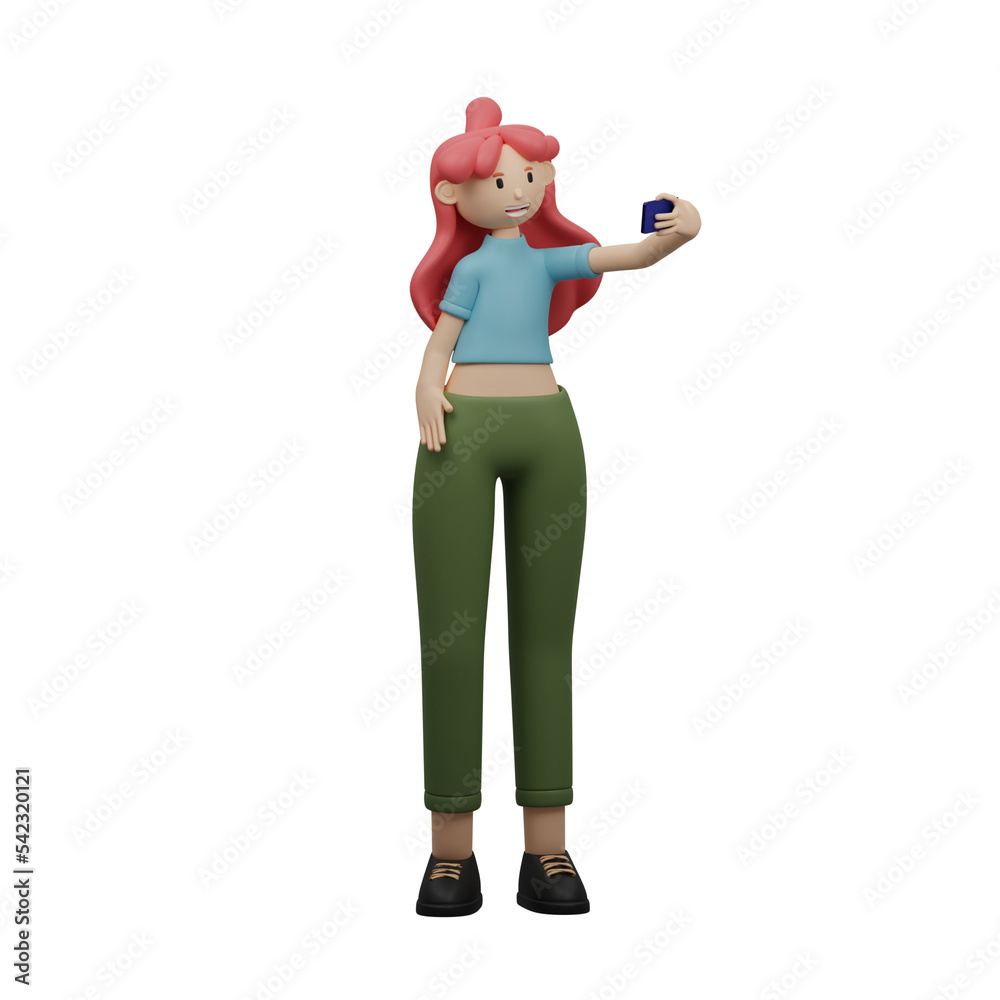 character 3d illustrastion cartoon pose of a woman taking a selfie character 3d illustrastion cartoon pose of a woman taking a selfie