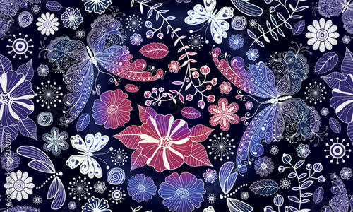 Seamless colorful spring pattern with butterflies and flowers on a dark background. Vector eps 10