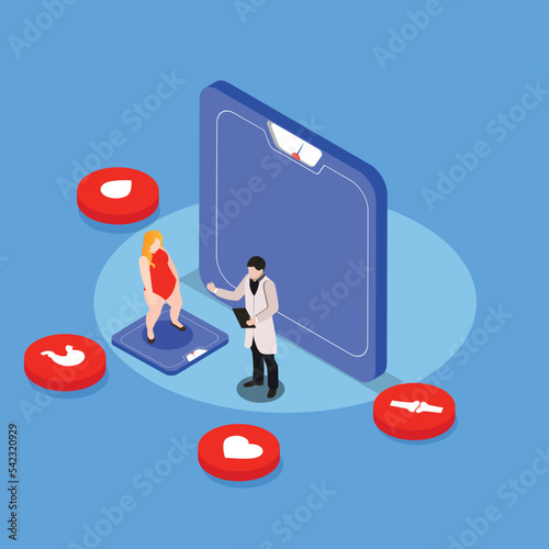 Obesity woman weighing on scale isometric 3d vector illustration concept for banner, website, illustration, landing page, flyer, etc.