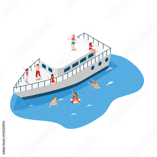 Yachting  friends relax on ship isometric 3d vector illustration concept for banner  website  illustration  landing page  flyer  etc.