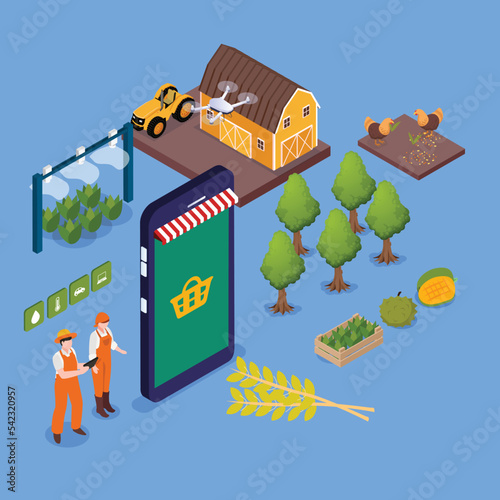 Modern agriculture technology - sell online isometric 3d vector illustration concept for banner, website, illustration, landing page, flyer, etc.