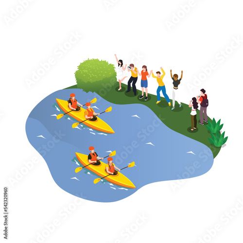 People on river bank watching kayak race isometric 3d vector illustration concept for banner, website, illustration, landing page, flyer, etc.