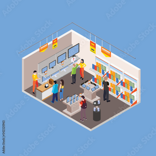 People visitor and shop assistant at consumer electronics store isometric 3d vector illustration concept for banner, website, illustration, landing page, flyer, etc.