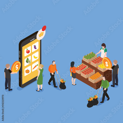 Bazar, online farmers market isometric 3d vector illustration concept for banner, website, illustration, landing page, flyer, etc.