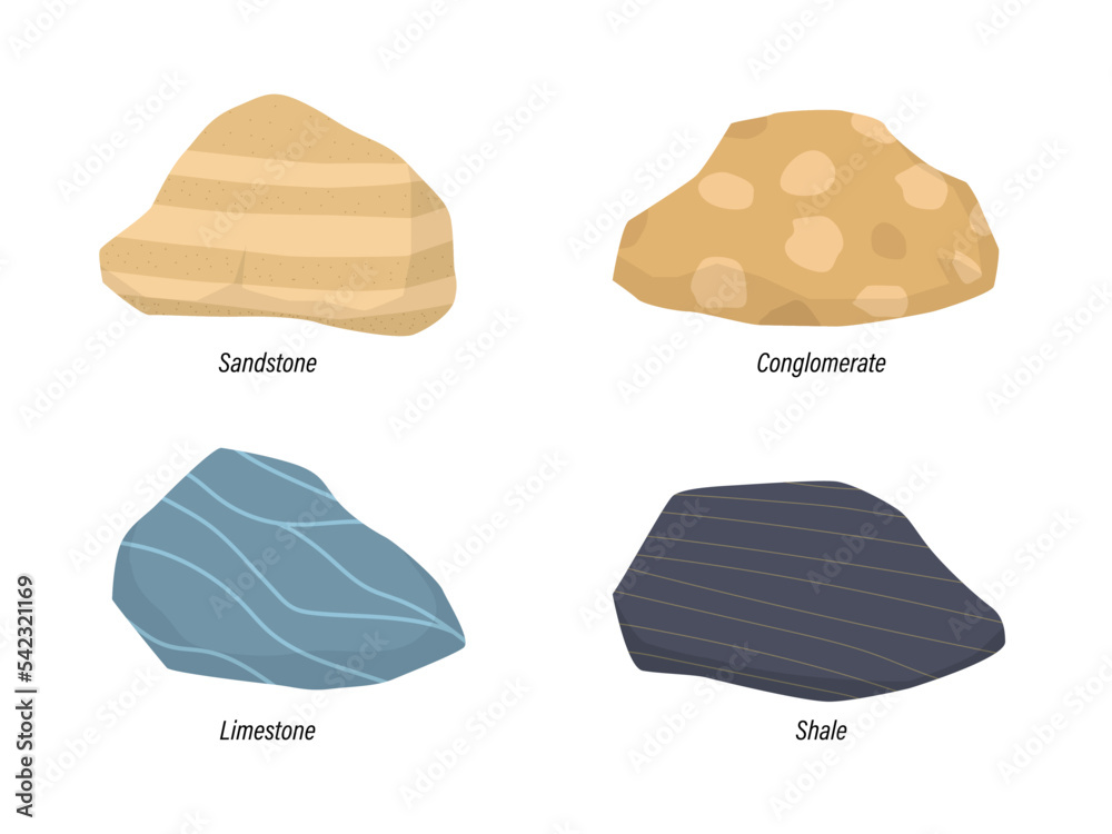 Illustration of sedimentary rock Sandstone, Conglomerate, Limestone and shale