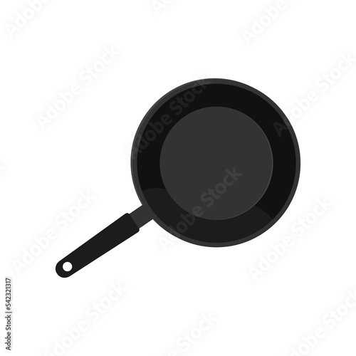 Flat black frying pan with handle isolated on white background. Cartoon cast Iron skillet top view. Empty kitchen utensils for cooking. 
