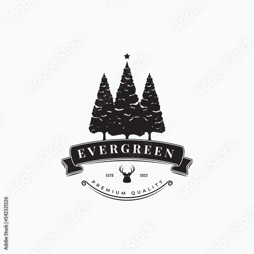 Pine trees simple vintage logo vector illustration design. Evergreen trees with star and deer head icon vintage label concept.