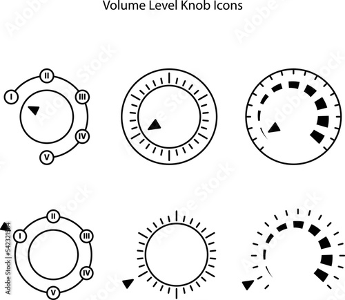 Volume round knob switches and music sound control interface, vector regulator dials. Linear flat volume level buttons for music player app or sound aux tuner UI, 