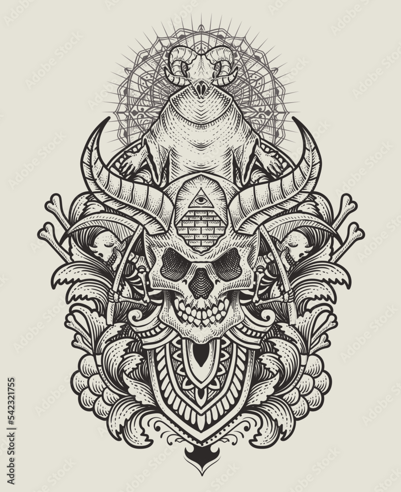 Illustration demon skull with antique engraving style perfect for T shirt, Hoodie, Jacket, poster