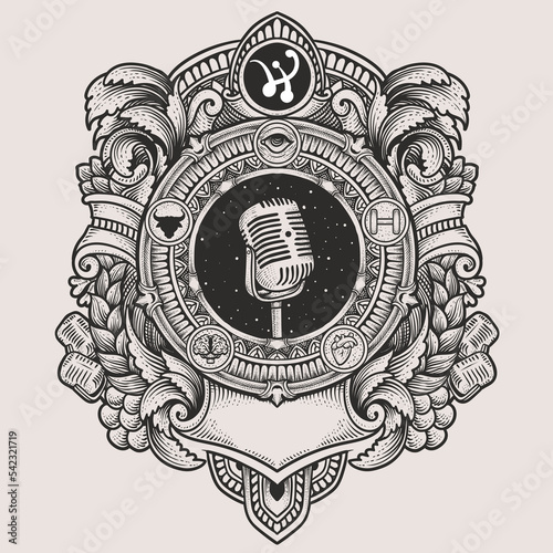Illustration vintage microphone with antique engraving ornament frame
