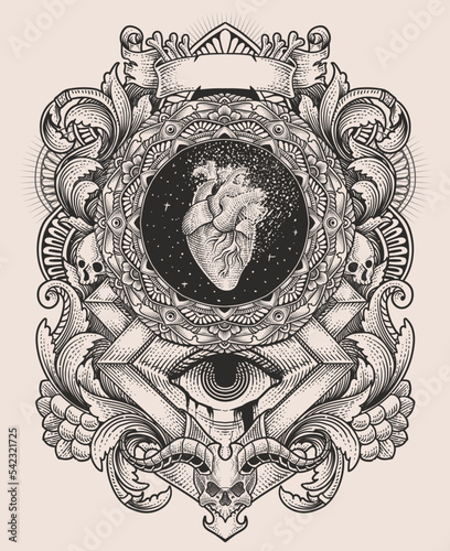 illustration antique heart with vintage engraving ornament