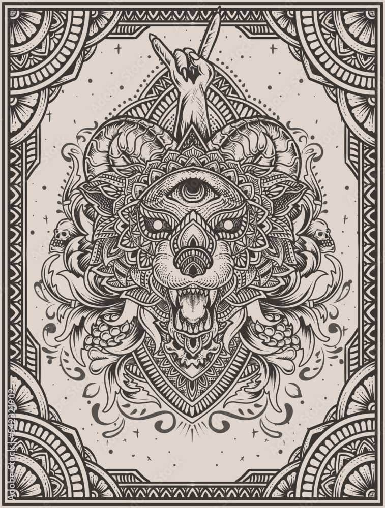 illustration wolf head mandala style with engraving ornament