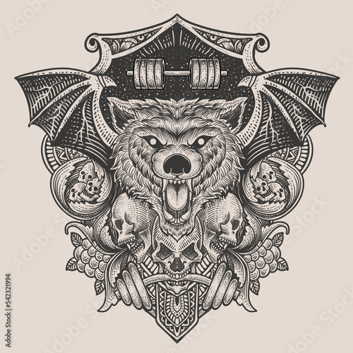 illustration baddas wolf head with skull with engraving ornament photo