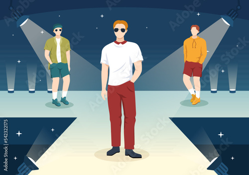 Fashion Men Show with Catwalk Male Models Display Clothes on Runway in Modern Trendy Outfits on Flat Cartoon Hand Drawn Templates Illustration