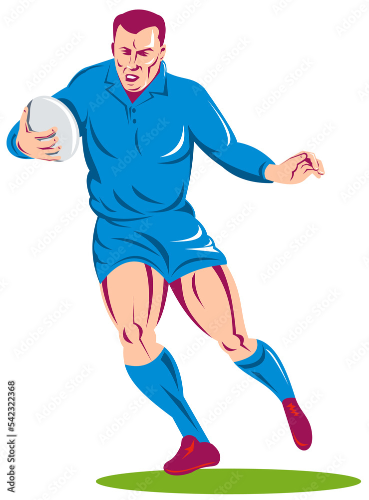 illustration of a rugby player running passing the ball on isolated background done in retro woodcut style illustration of a rugby player running passing the ball on isolated background done in retro woodcut style