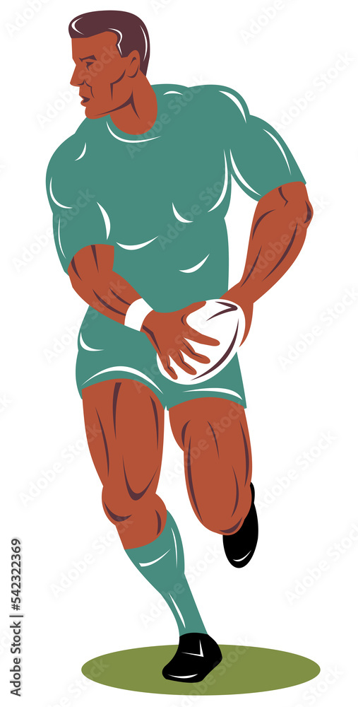 illustration of a rugby player running passing the ball on isolated background done in retro woodcut style illustration of a rugby player running passing the ball on isolated background done in retro woodcut style