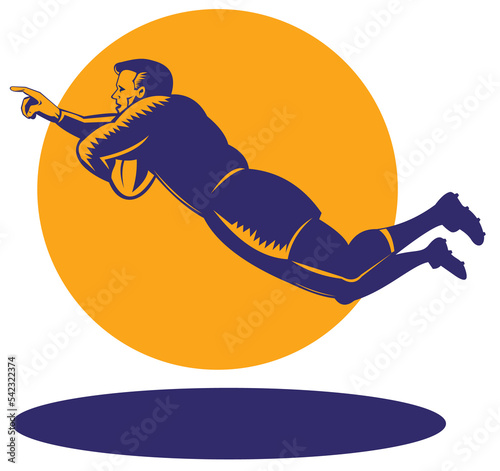 illustration of a rugby player diving to score a try on isolated background done in retro woodcut style