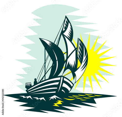 Foto illustration of a sailboat sailing on high seas with sun