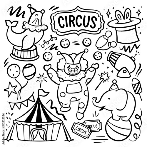 Hand Drawn Cartoon Circus Show Doodle With Circus tent, Animals and Clown