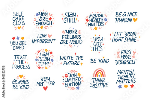 Mental health vector lettering quote set. Mindfulness phrases illustration. Self care and love isolated clipart. Positive motivational sayings for awareness day, poster, daily planner, t shirt.