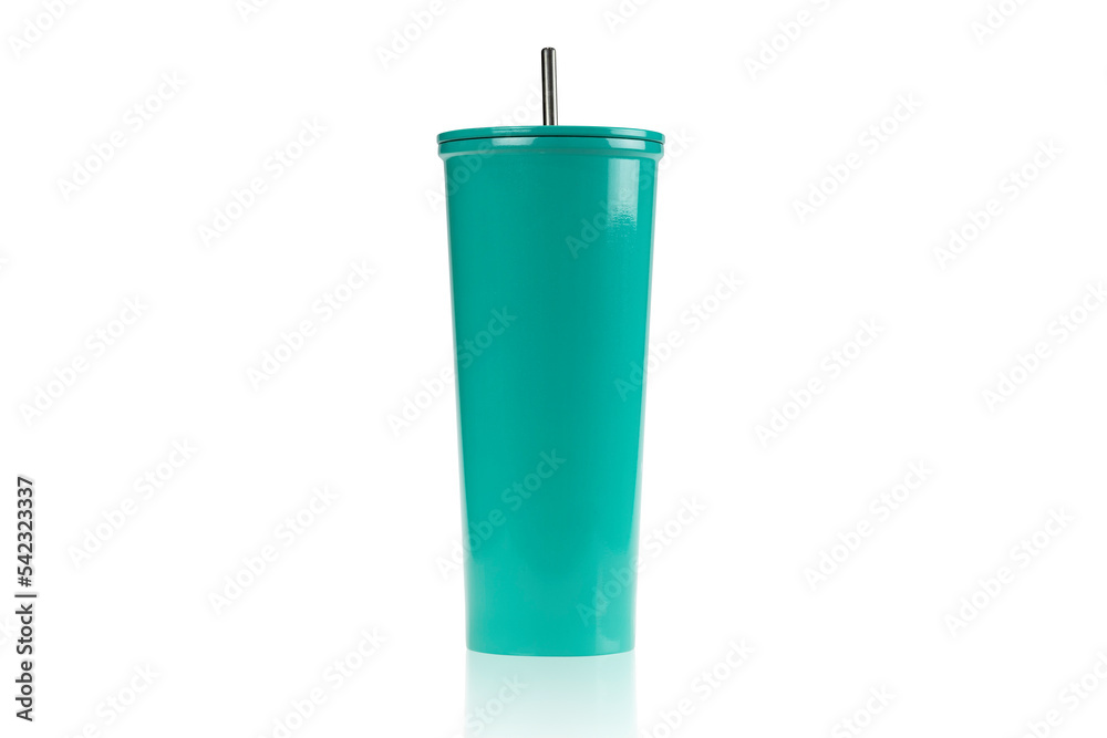 Green tumbler glass cold store. Stainless steel thermos tumbler mug isolated on white background with clipping path. Green tumbler glass cold store. Stainless steel thermos tumbler mug isolated on white background with clipping path.