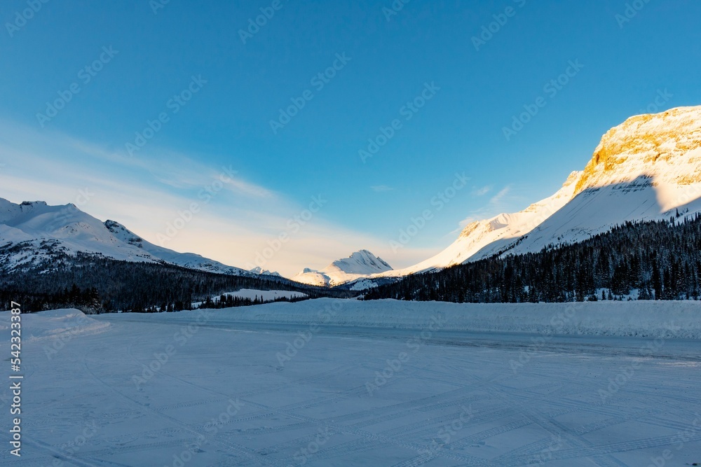 Icy sharp sunset view over Columbia Ice fields, Canada