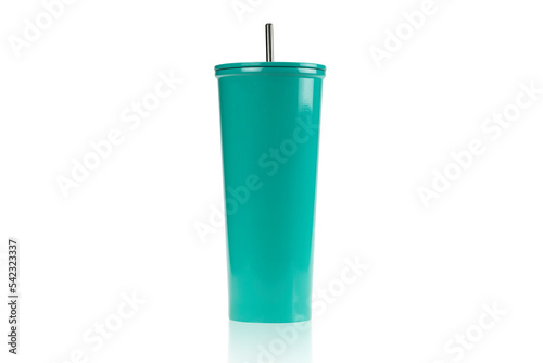 Green tumbler glass cold store. Stainless steel thermos tumbler mug isolated on white background with clipping path. photo