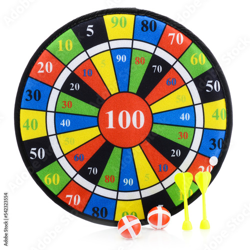 Darts isolated on a white background. Bright colored darts with darts. Sports game, competitions. Hitting exactly on target. Business concept
