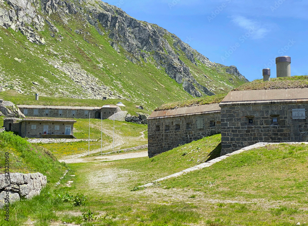 Fort Hospiz St. Gotthard Pass (Armeebezeichnung «Hospizwerk San Gottardo» B 9477 or Forte Ospizio San Gottardo) in the Swiss Alps, Airolo - Canton of Ticino (Tessin), Switzerland (Schweiz)