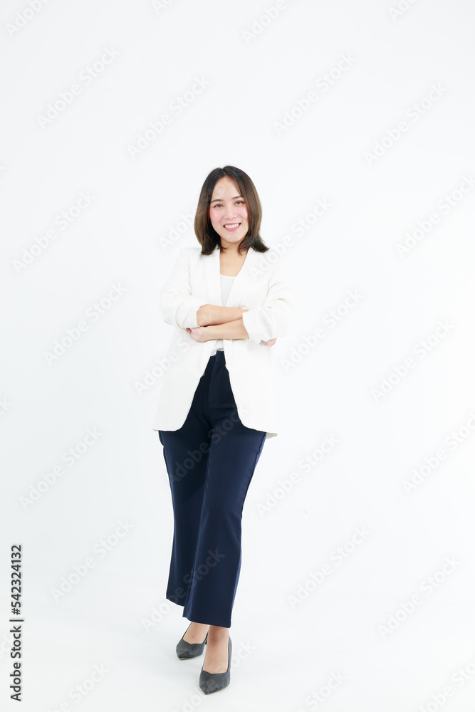 Portrait beautiful working Asian woman , business girl standing arms crossed with happiness on white background Portrait beautiful working Asian woman , business girl standing arms crossed with happiness on white background