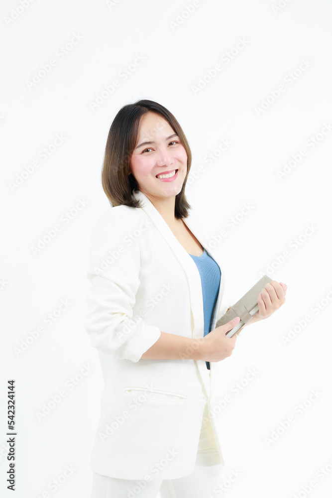 Portrait beautiful working Asian woman , business girl standing arms crossed with happiness on white background
