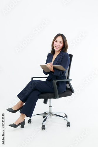 Portrait beautiful working Asian woman , business girl standing arms crossed with happiness on white background