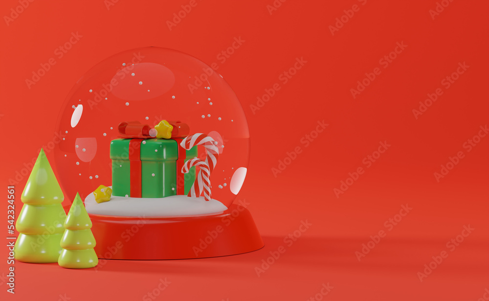 Christmas and New Year background with snow glass ball, Red background, gift box, white snowdrift, 3d realistic Christmas trees. 3D rendering
