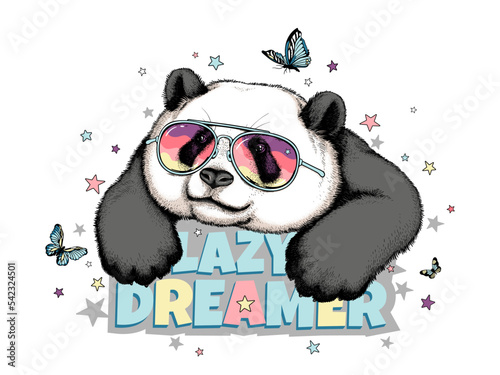 Cute big panda with buttflies and stars. Lazy dreamer illustration. Stylish image for printing on any surface