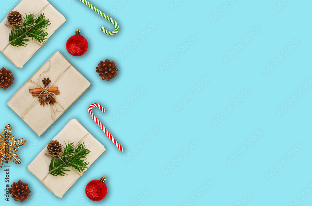 festive holiday christmas zero waste composition with eco friendly gift craft paper, fir branches and pine cones, greeting card with copy space text, plastic free present lifestyle flat lay. festive holiday christmas zero waste composition with eco friendly gift craft paper, fir branches and pine cones, greeting card with copy space text, plastic free present lifestyle flat lay.