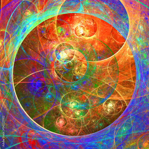 Creación de arte fractal digital compuesto de anillos huecos delgados en colores luminosos sobre un fondo oscuro en un todo armónico que simula ser las trayectorias excéntricas de galaxias encadenadas
