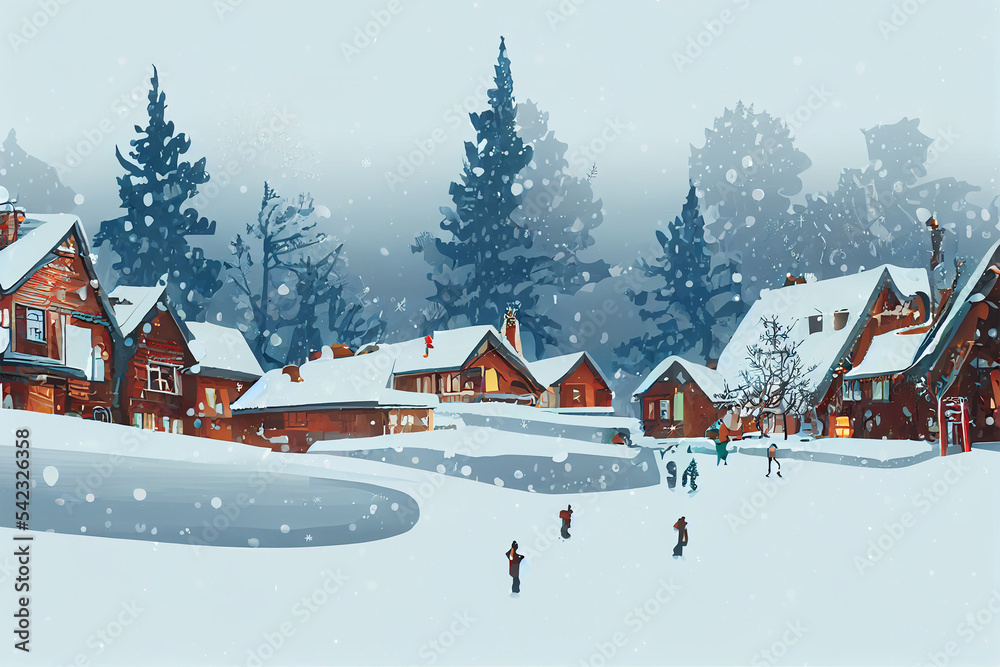 Village landscape graphic design in winter season. Poster card cover wallpaper background. The village snow field and Christmas tree .