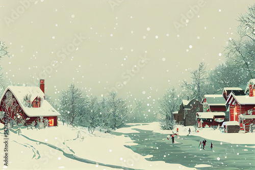 Village landscape graphic design in winter season. Poster card cover wallpaper background. The village snow field and Christmas tree .