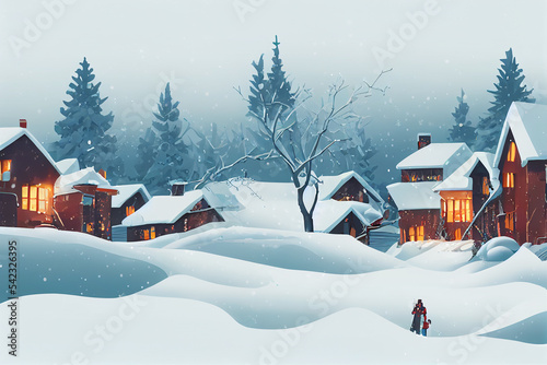 Village landscape graphic design in winter season. Poster card cover wallpaper background. The village snow field and Christmas tree . © roeum