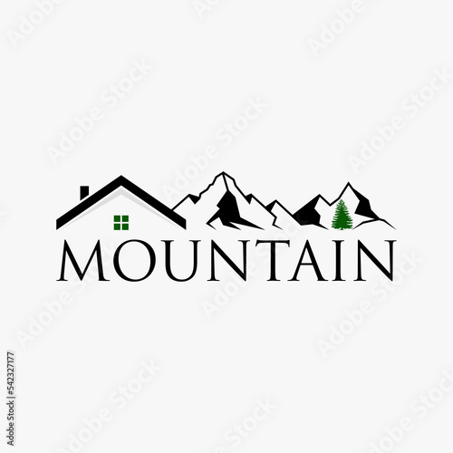 Simple and unique line mountain with roof house also tree image graphic icon logo design abstract concept vector stock. Can be used as symbol related to adventure or home